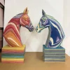 Wooden Horse Head Sculpture Rainbow Camphor Wood Animal Statue 30cm